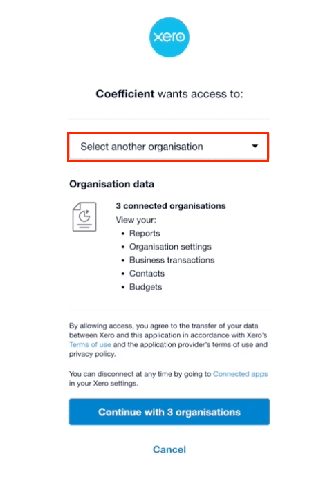 The list of Xero organizations to connect in Coefficient.