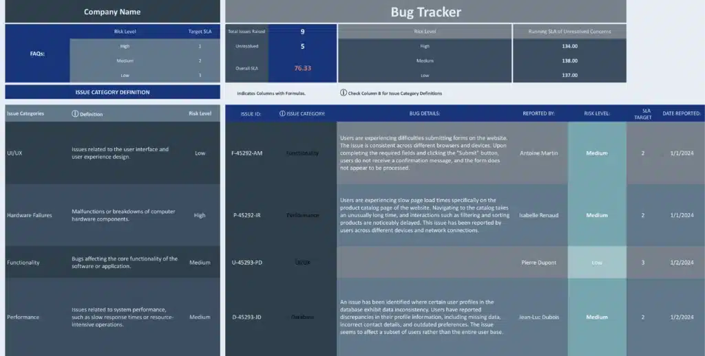 Bug tracking template