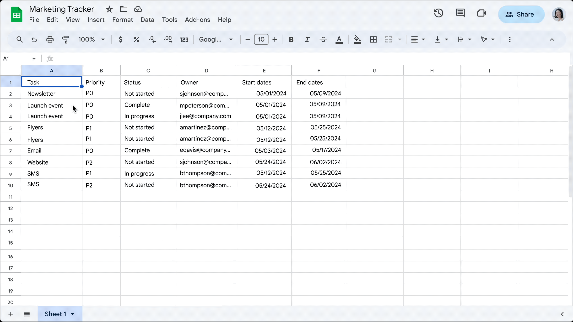 Creating a Table in Google Sheets