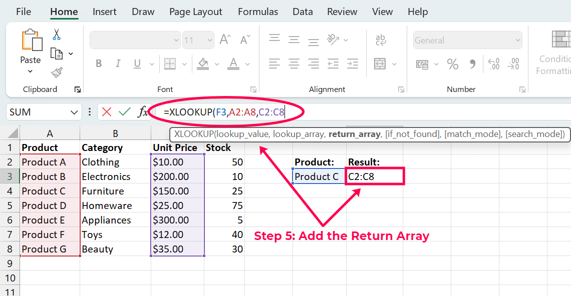 add the return array for xlookup