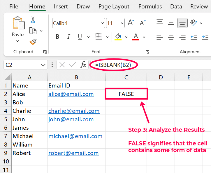 analyze isblank results in excel