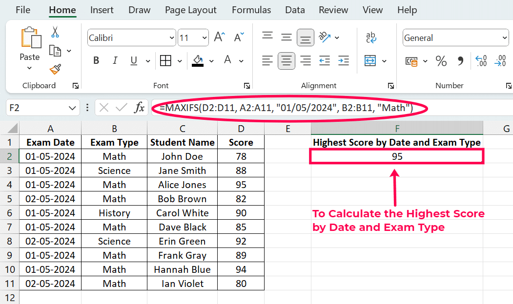 calculate highest score by data and exam