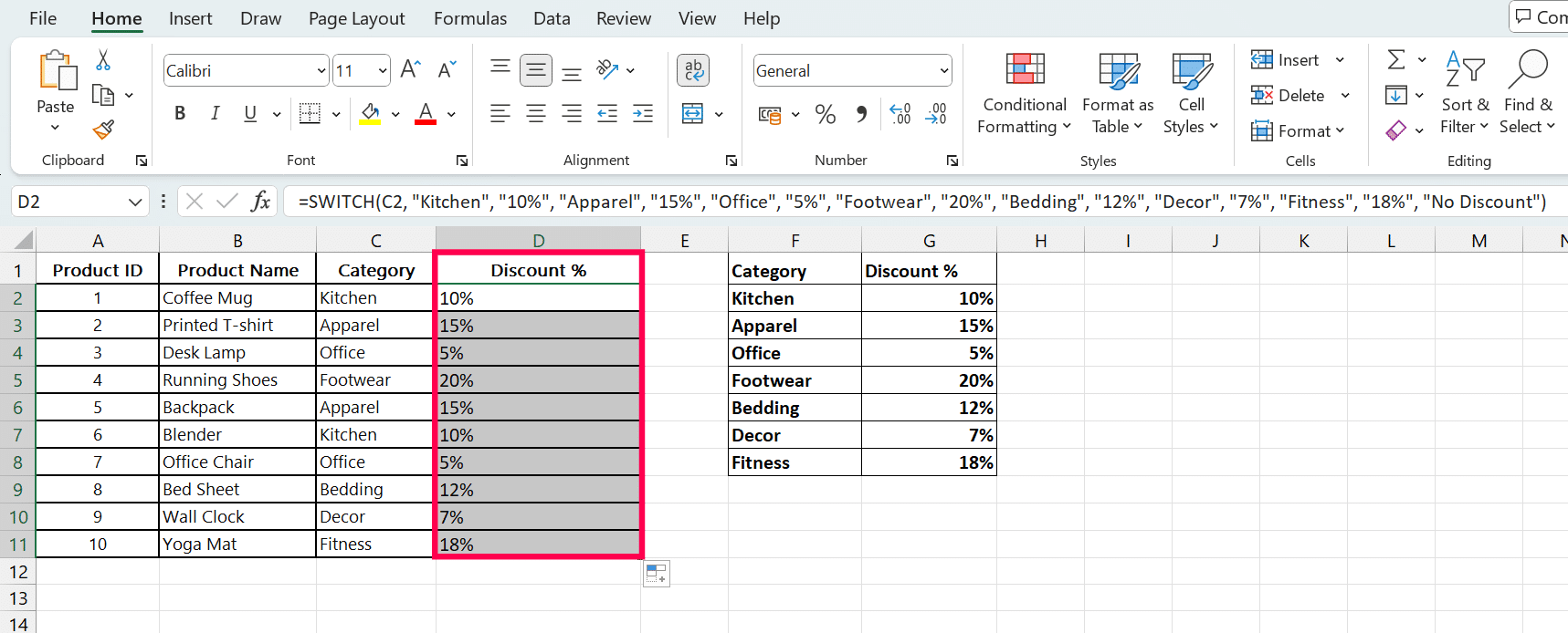 check category listed in column with switch function
