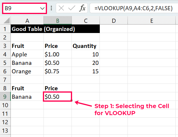 Choosing a cell as the starting point for executing a VLOOKUP function