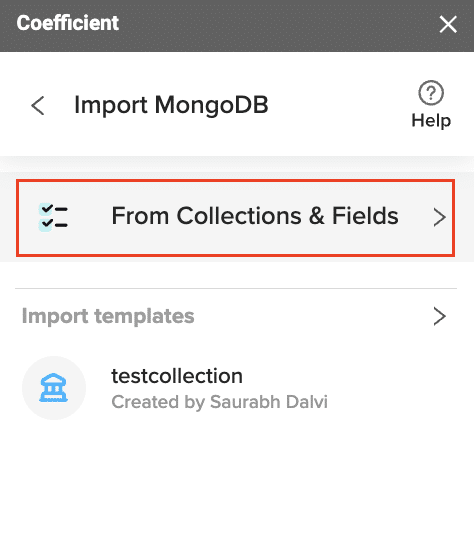  Choosing specific data collections and fields from MongoDB for importing to Excel through Coefficient