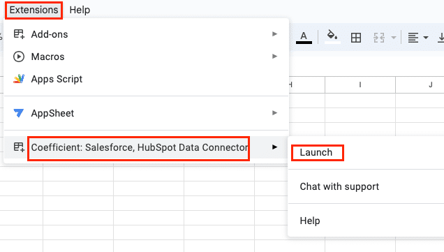 The Google Sheets menu with Coefficient now listed under Extensions. 