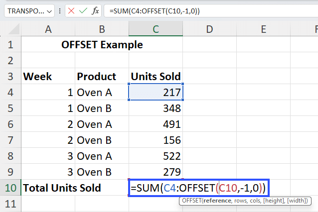 combine offset with sum function in excel
