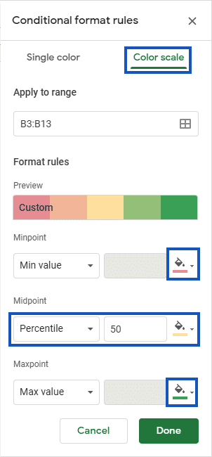 Screenshot of the conditional formatting menu in Google Sheets, showing a color scale rule applied to a data range
