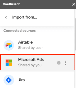Clicking "Connect" and then "Authorize" in Coefficient to grant access to your Microsoft Ads account within Google Sheets