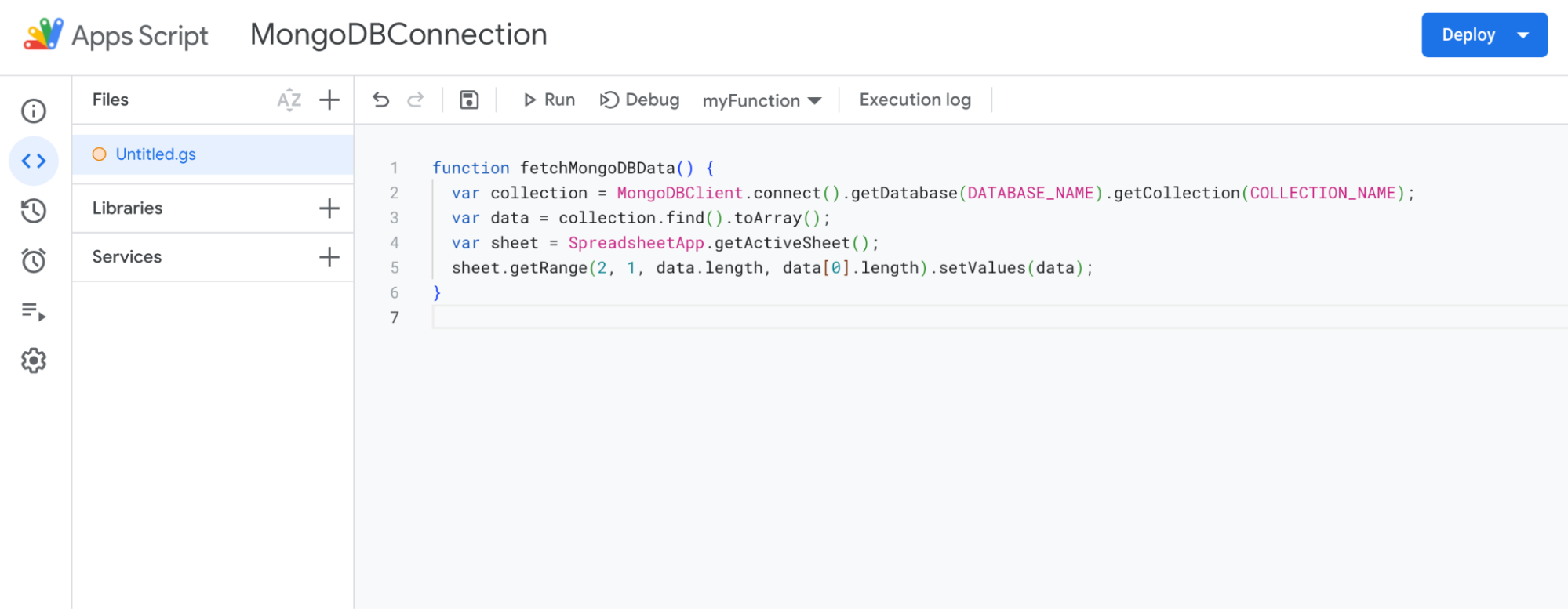 Creating a new script file named "MongoDBConnection" in the Google Apps Script editor. 