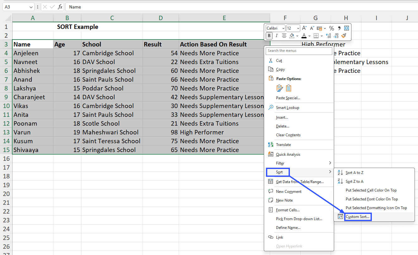 custom sort dropdown in excel