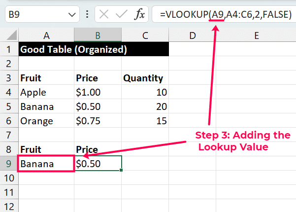 defining the table array data range for VLOOKUP