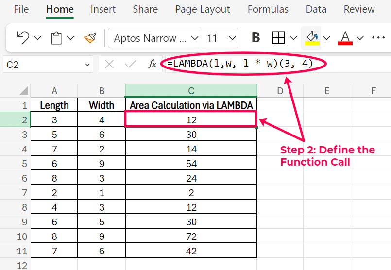 define the function call for lambda excel