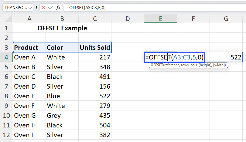 display all value of a single product with offset function