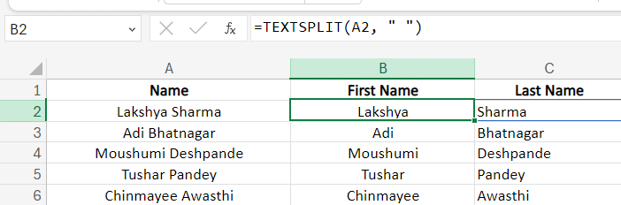 divide full names into split columns first and last