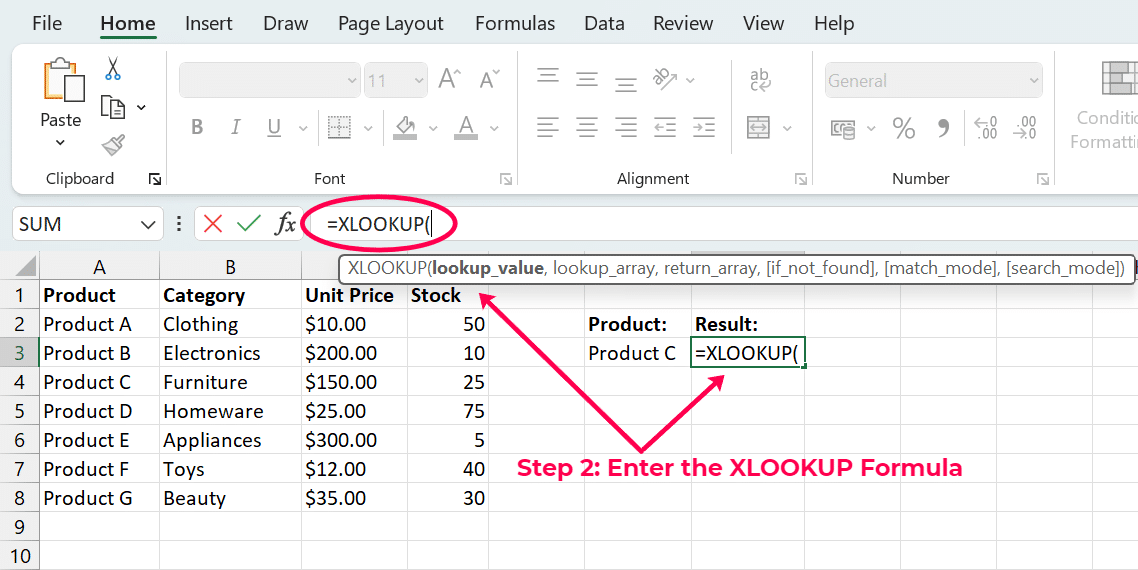 enter the xlookup formula