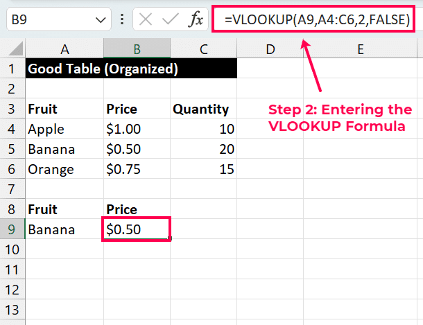 Entering the VLOOKUP function formula in an Excel cell
