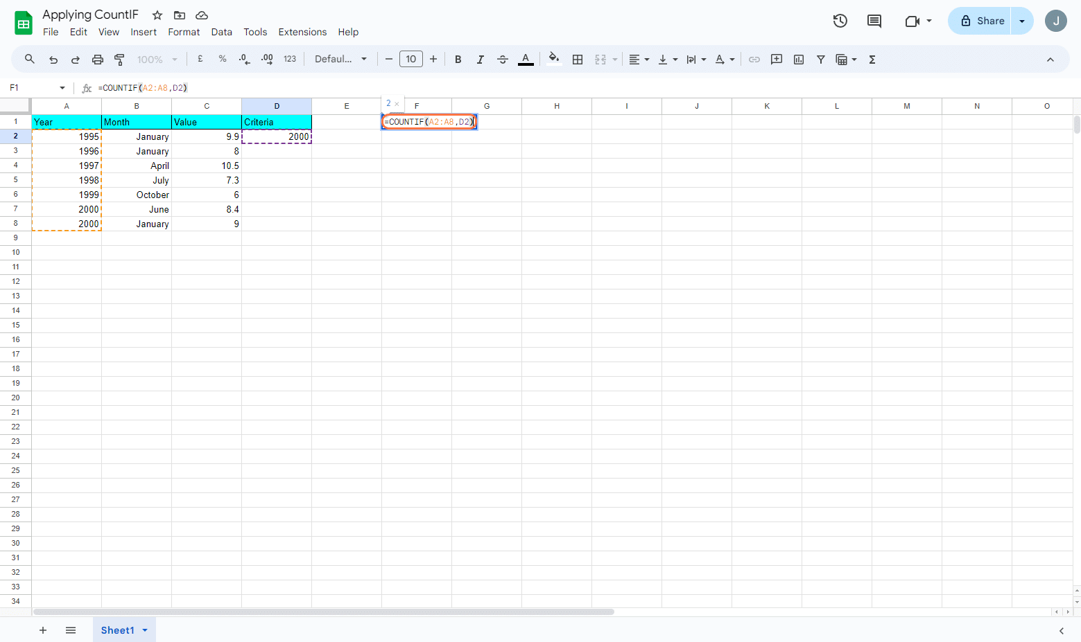 executing COUNTIF formula and displaying the count of 2000 in the Year column