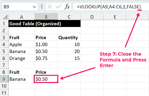  Executing the VLOOKUP formula in Excel to retrieve data