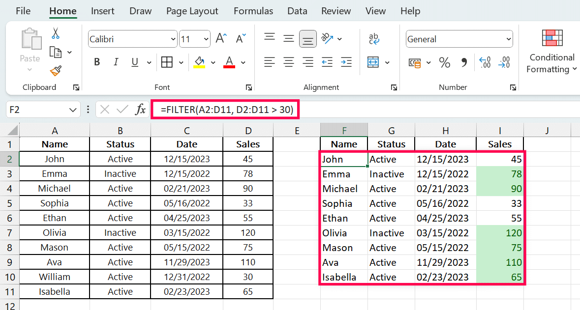 filter function in excel resulting cells with conditional formatting