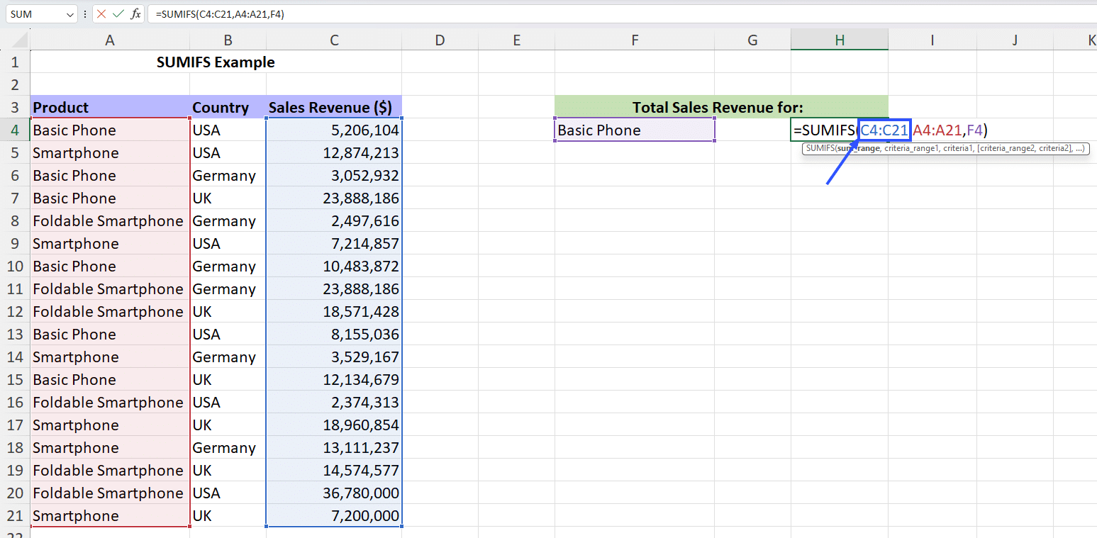 first and second parameter for sumifs