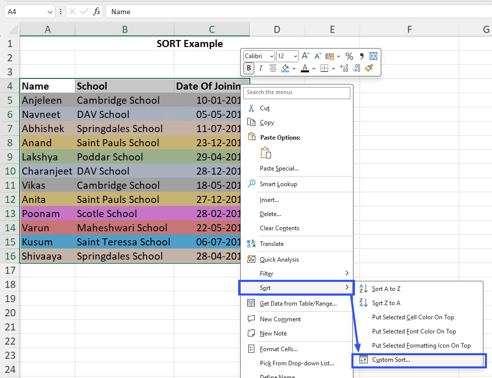 format excel sort functionality