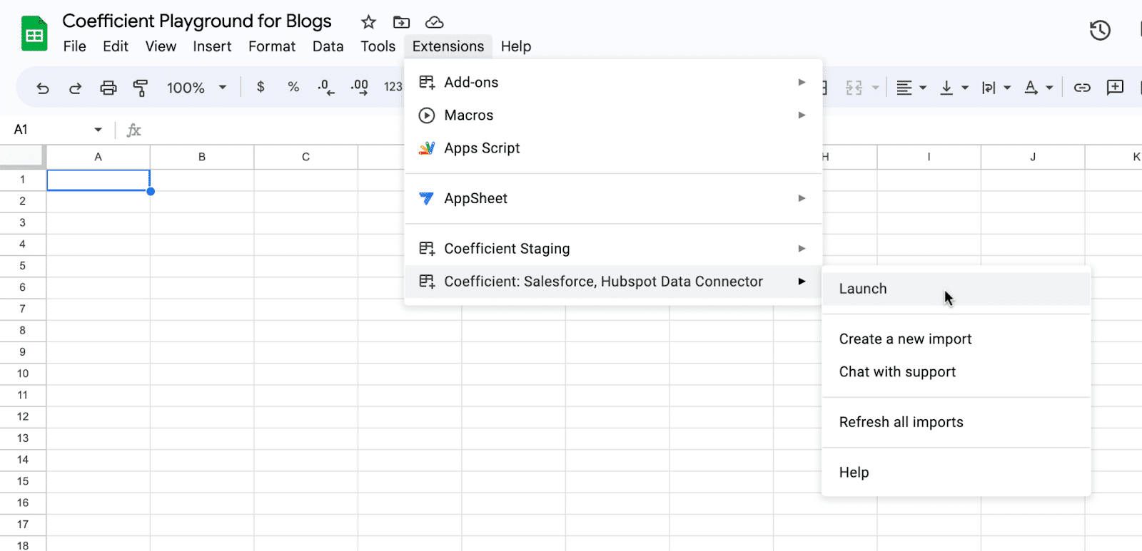 Launch Coefficient Data Connector in Google Sheets
