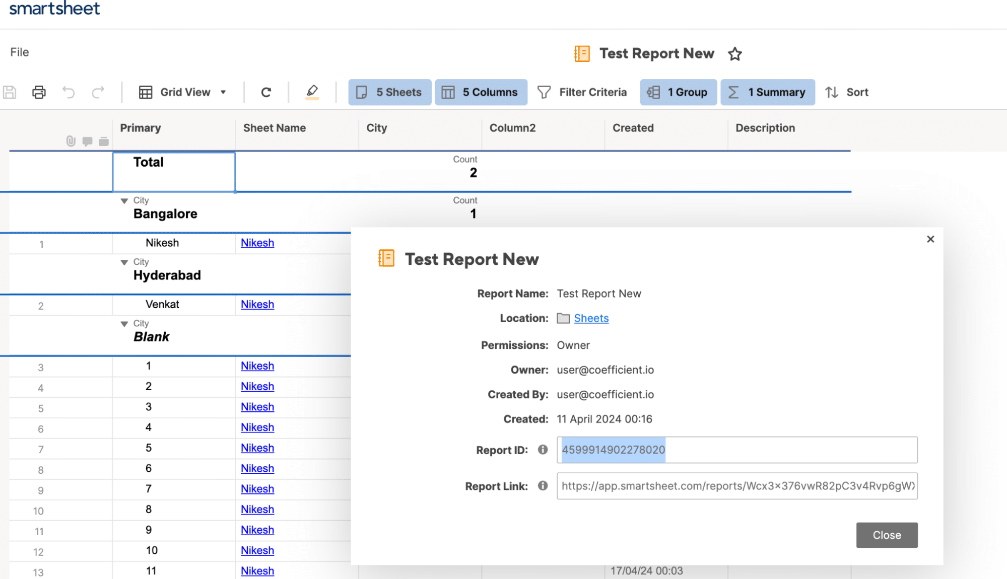 From the Report to be imported from Smartsheet, choose File and select Properties and copy Report Id