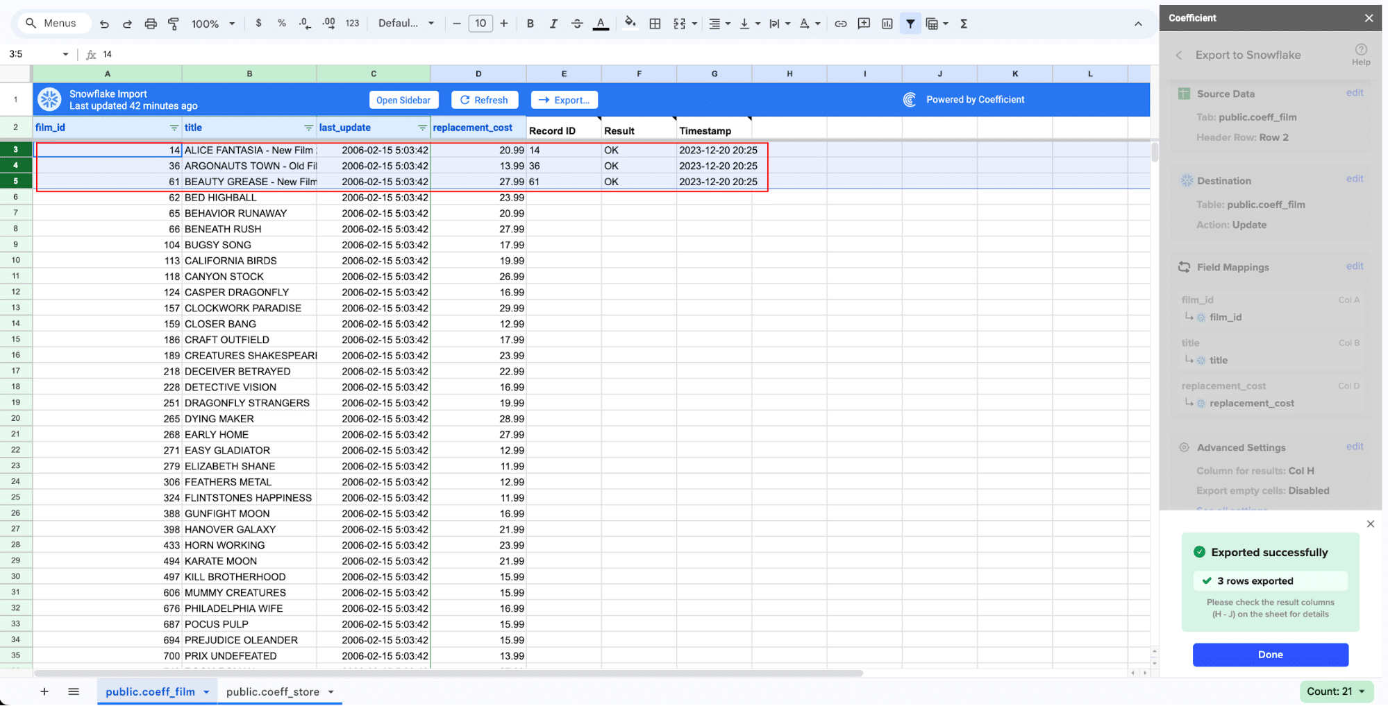 Data exported to Snowflake successfully using Coefficient add-on
