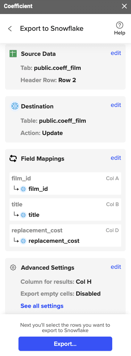 Confirm the settings to push data into Snowflake from Google Sheets in Coefficient Add-on
