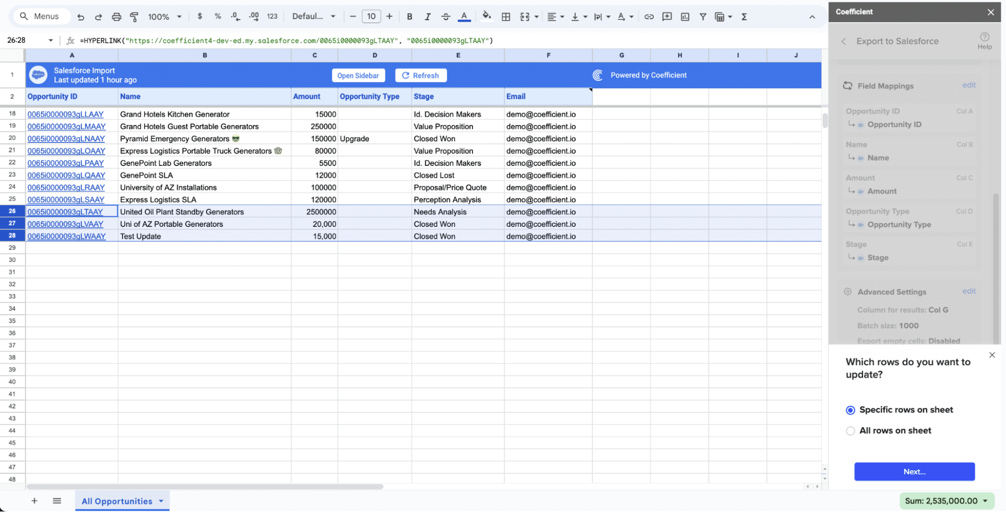 Highlight the google sheet rows to be updated
