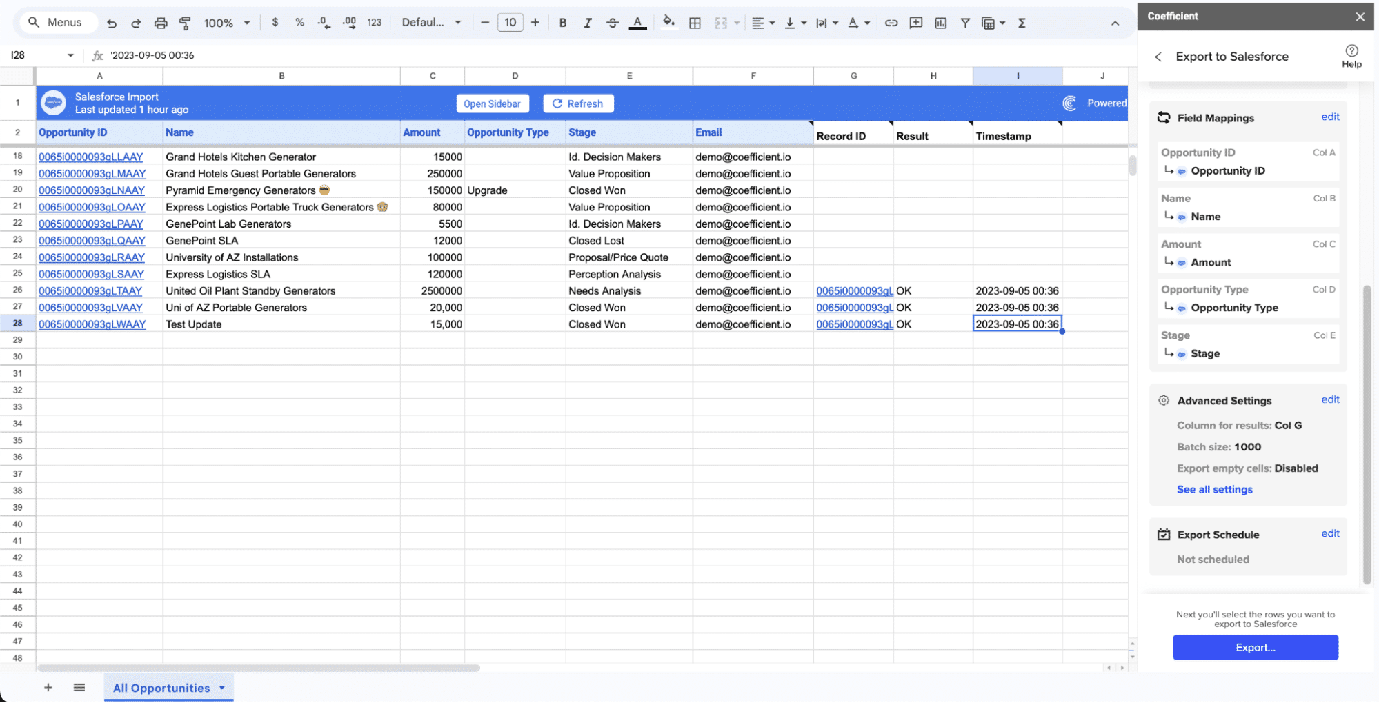 Data exported to Salesforce successfully using Coefficient add-on
