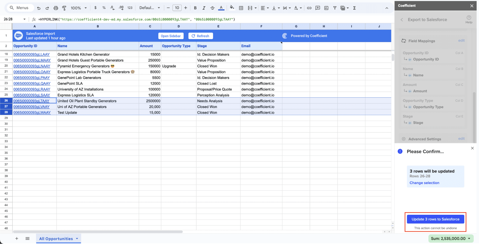 Click on "Update Rows in Salesforce" to push the data from Google Sheets to Salesforce
