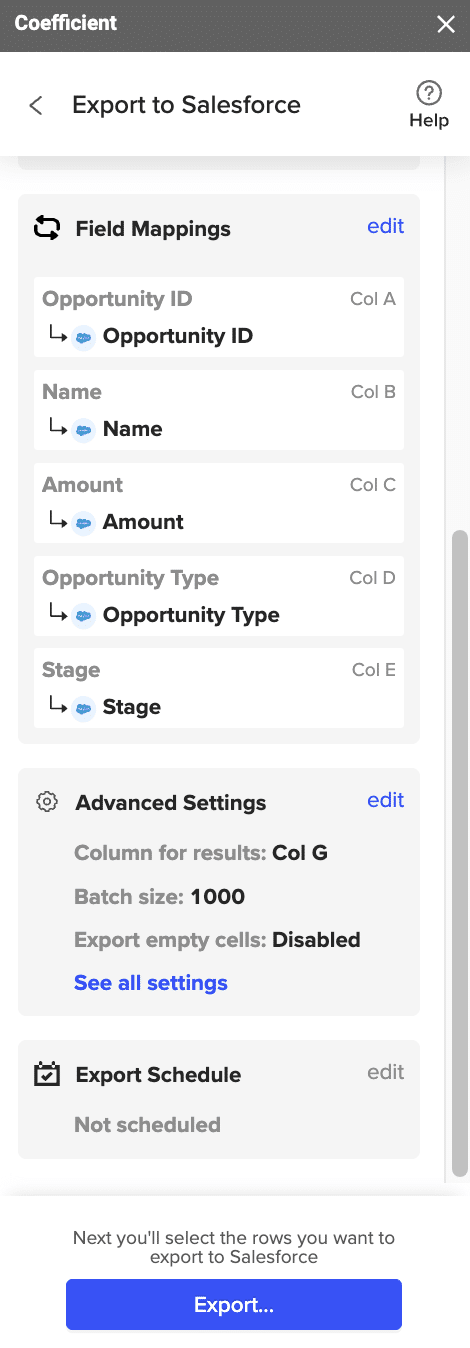 Confirm the settings to push data into Salesforce from Google Sheets in Coefficient Add-on
