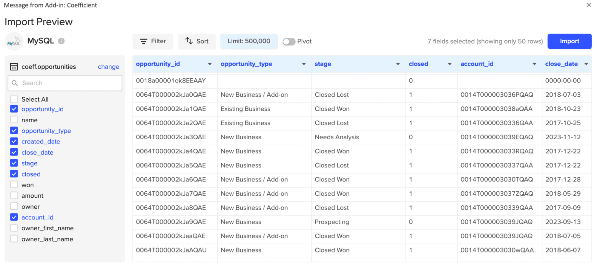 Preview for MySQL Data Export to Google Sheets using Coefficient add-on
