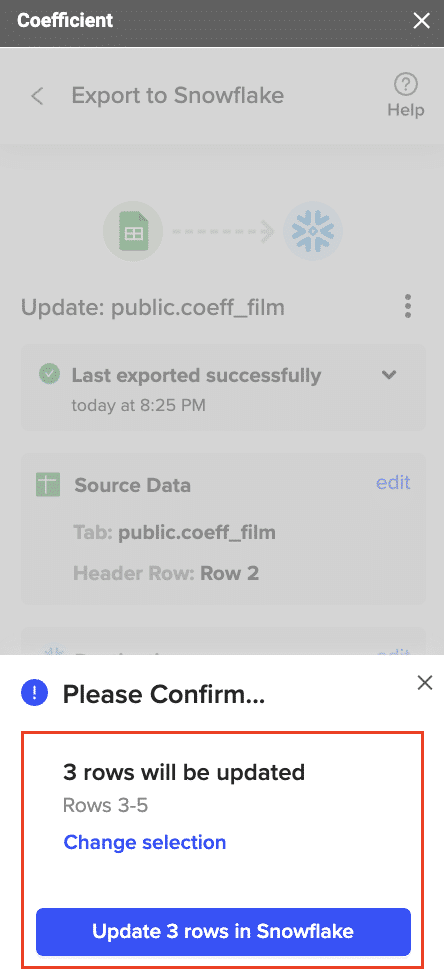 Confirm the settings to push data into Snowflake from Google Sheets in Coefficient Add-on
