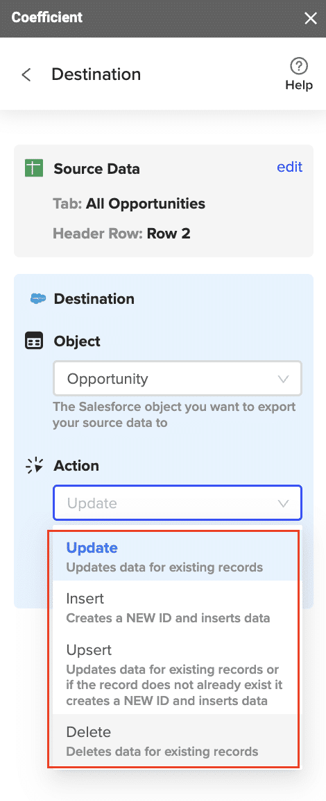 Select the action to be done - update,insert,upsert,delete