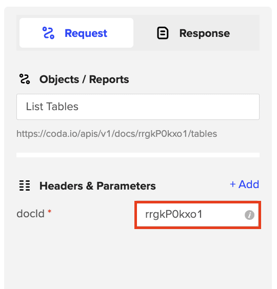 provide coda doc id to pull data into excel