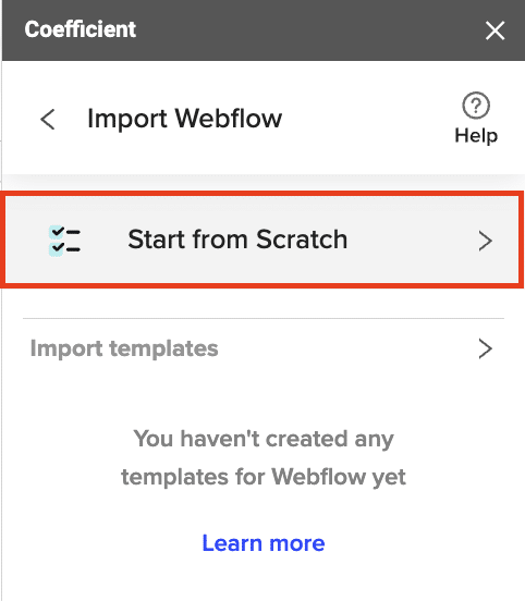 start webflow data import into excel from scratch