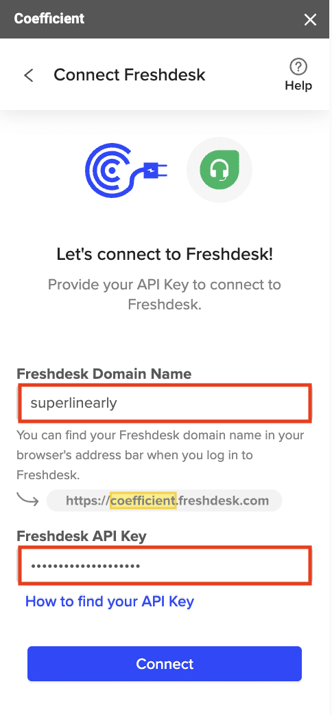 provide freshdesk domain name and api key for excel connection