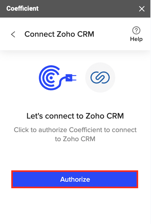 authorize zoho crm connection to excel