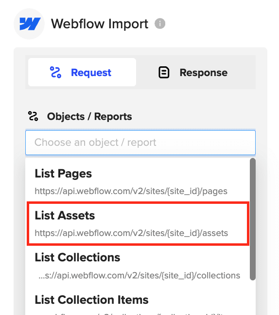 pull list assets from webflow into google sheets