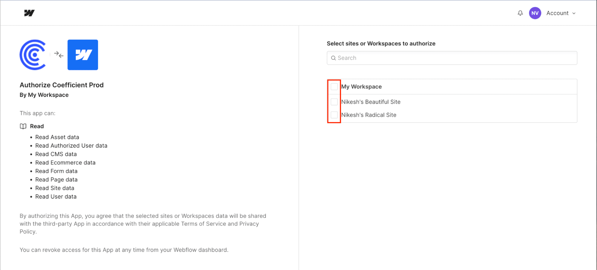 select webflow workspace to pull into google sheets