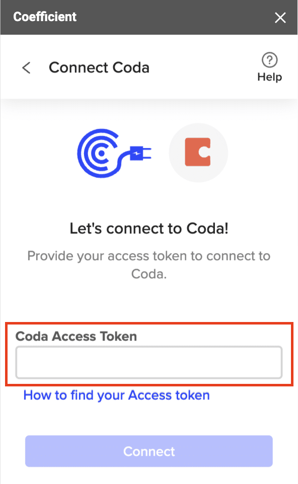 provide coda access token to connect data to excel