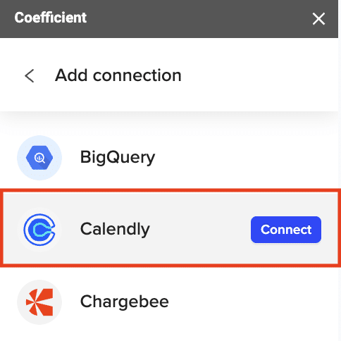 The Calendly option selected in the list of data sources in Coefficient.