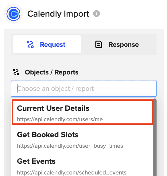 The Current User Details object selected in the Coefficient sidebar for Calendly