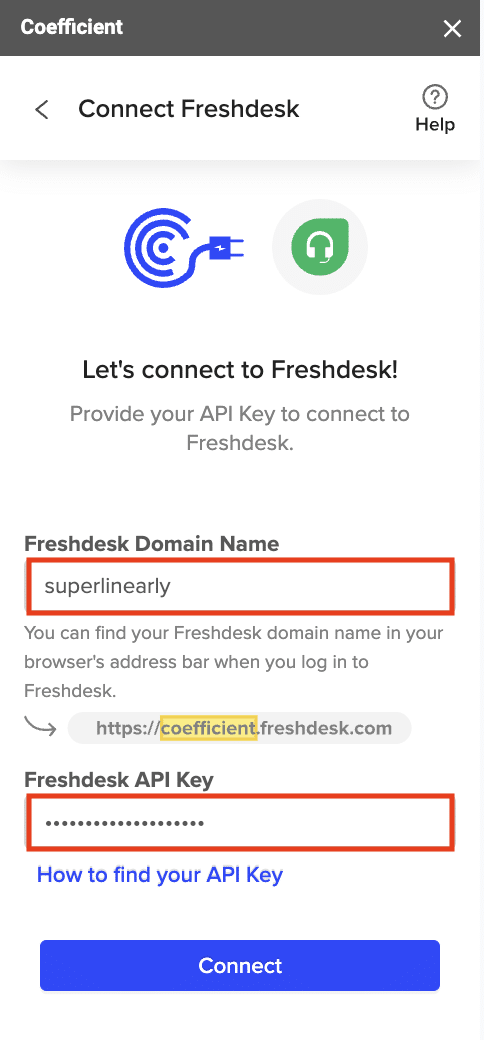 provide domain name and API information to connect freshdesk to google sheets