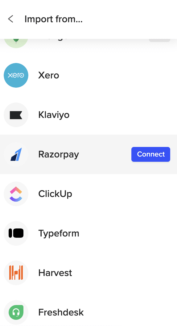 The Import from Razorpay option selected in the Coefficient sidebar.