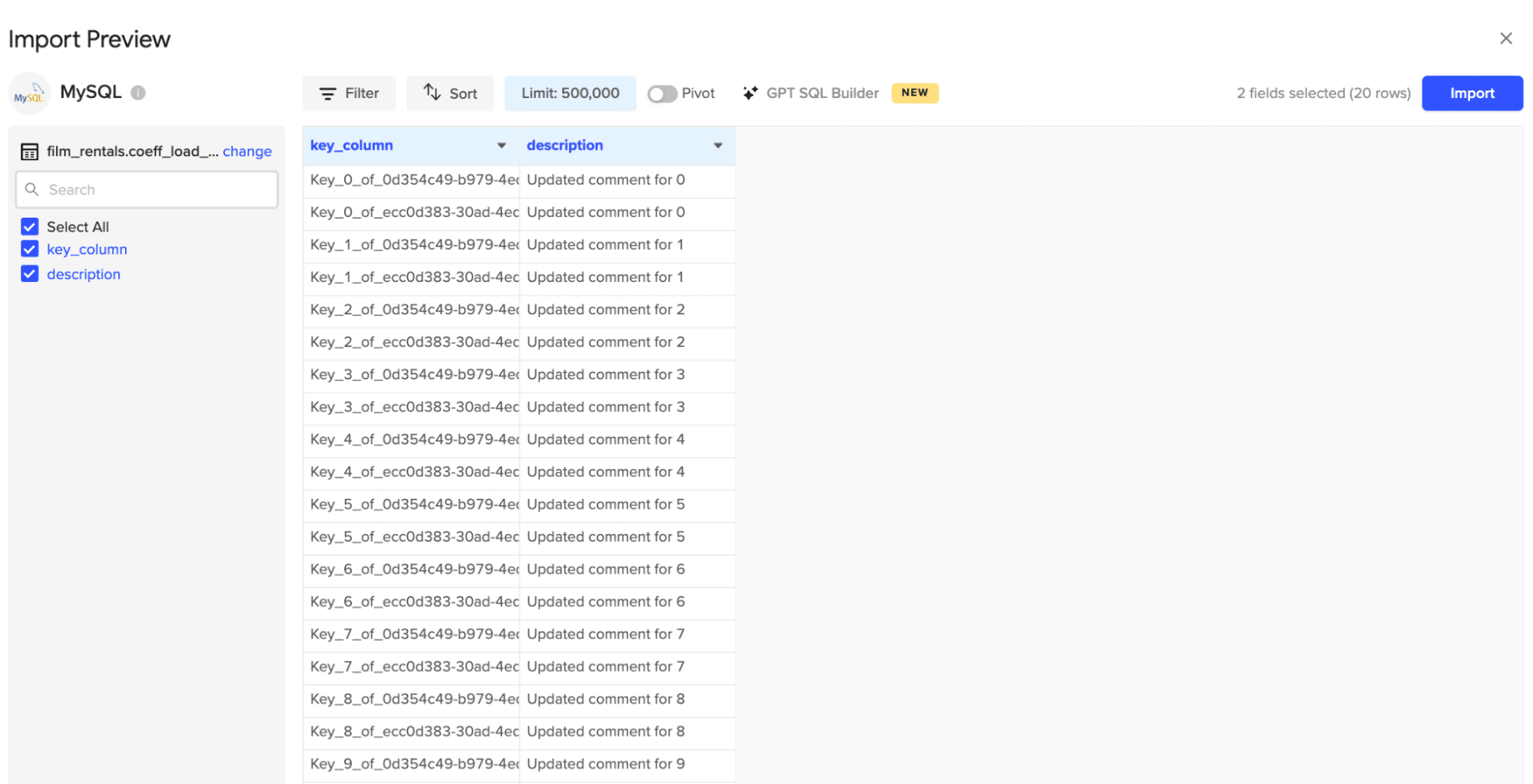 point and click to import multiple columns from database into spreadsheets