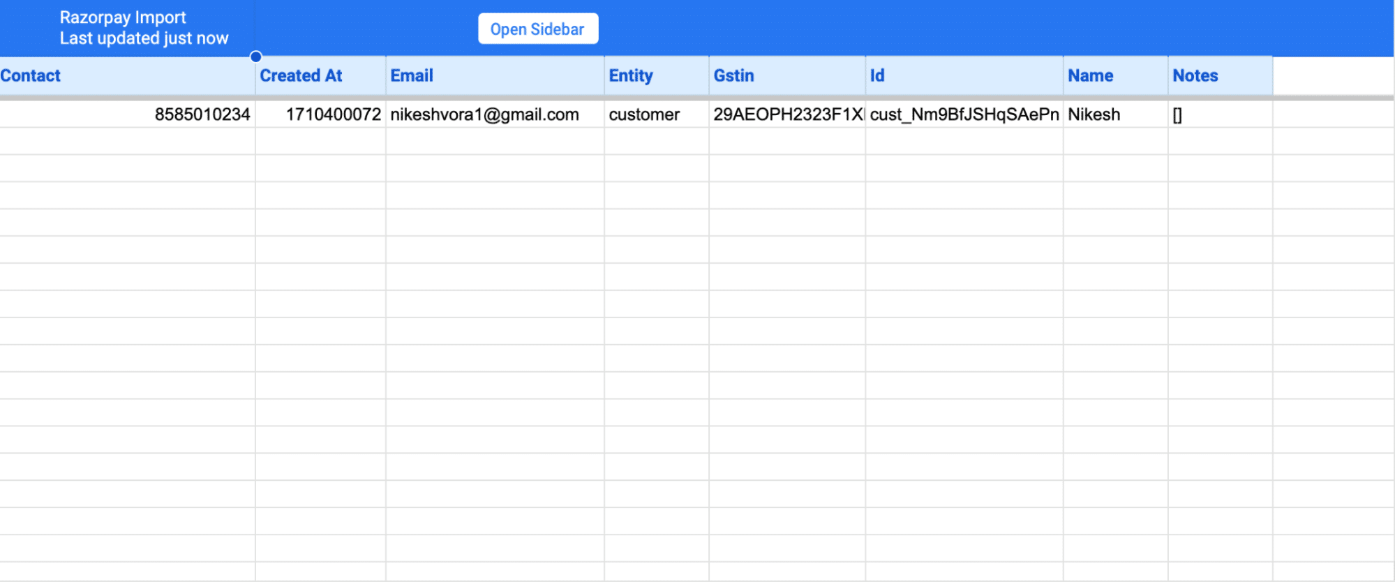 Finalizing import settings by clicking 'Import' to populate the spreadsheet with Razorpay data rapidly.
